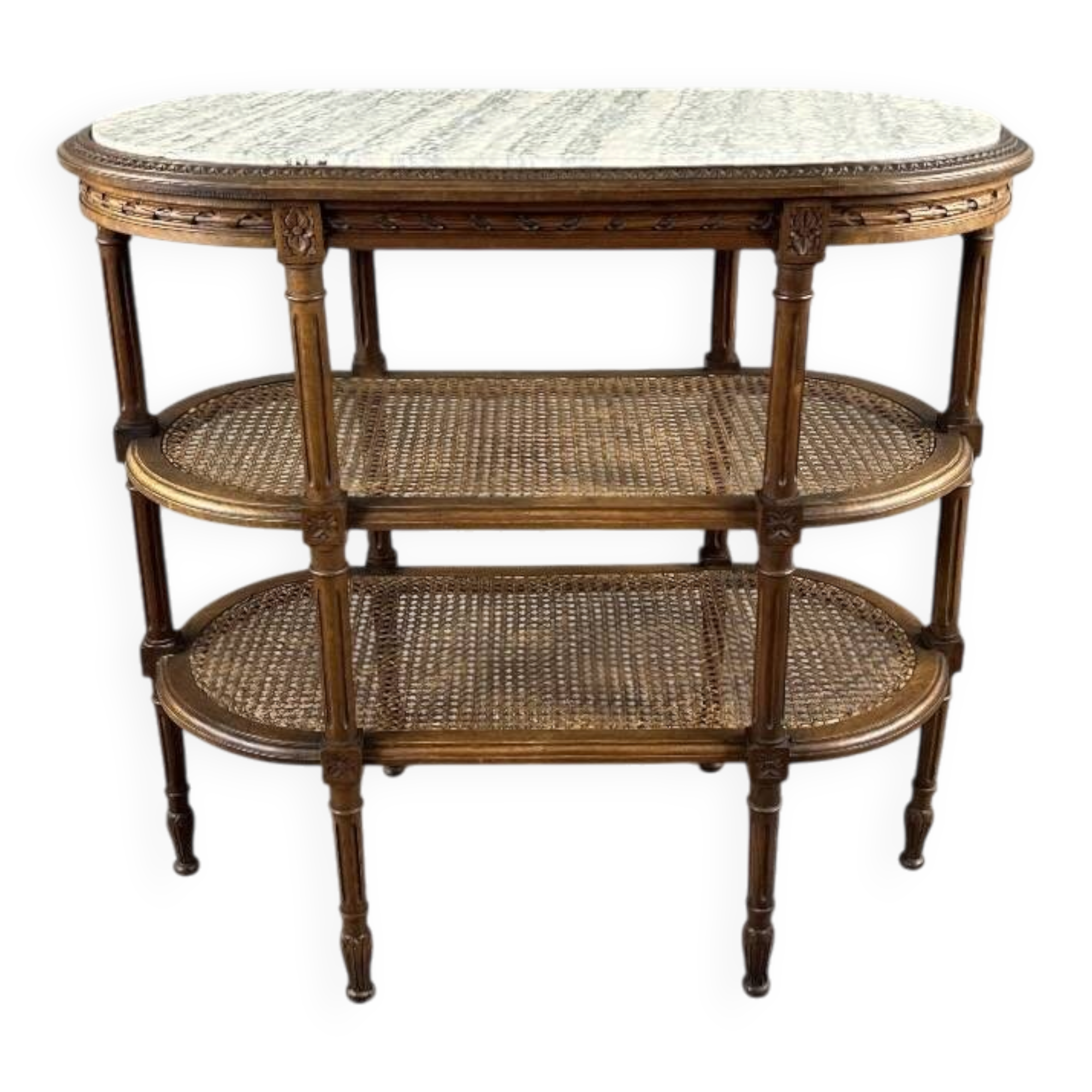 Table desserte de style Louis XVI en bois sculpté, marbre et cannage, XIXe Siècle