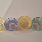 set of 4 vintage liqueur glasses in yellow, green, and blue