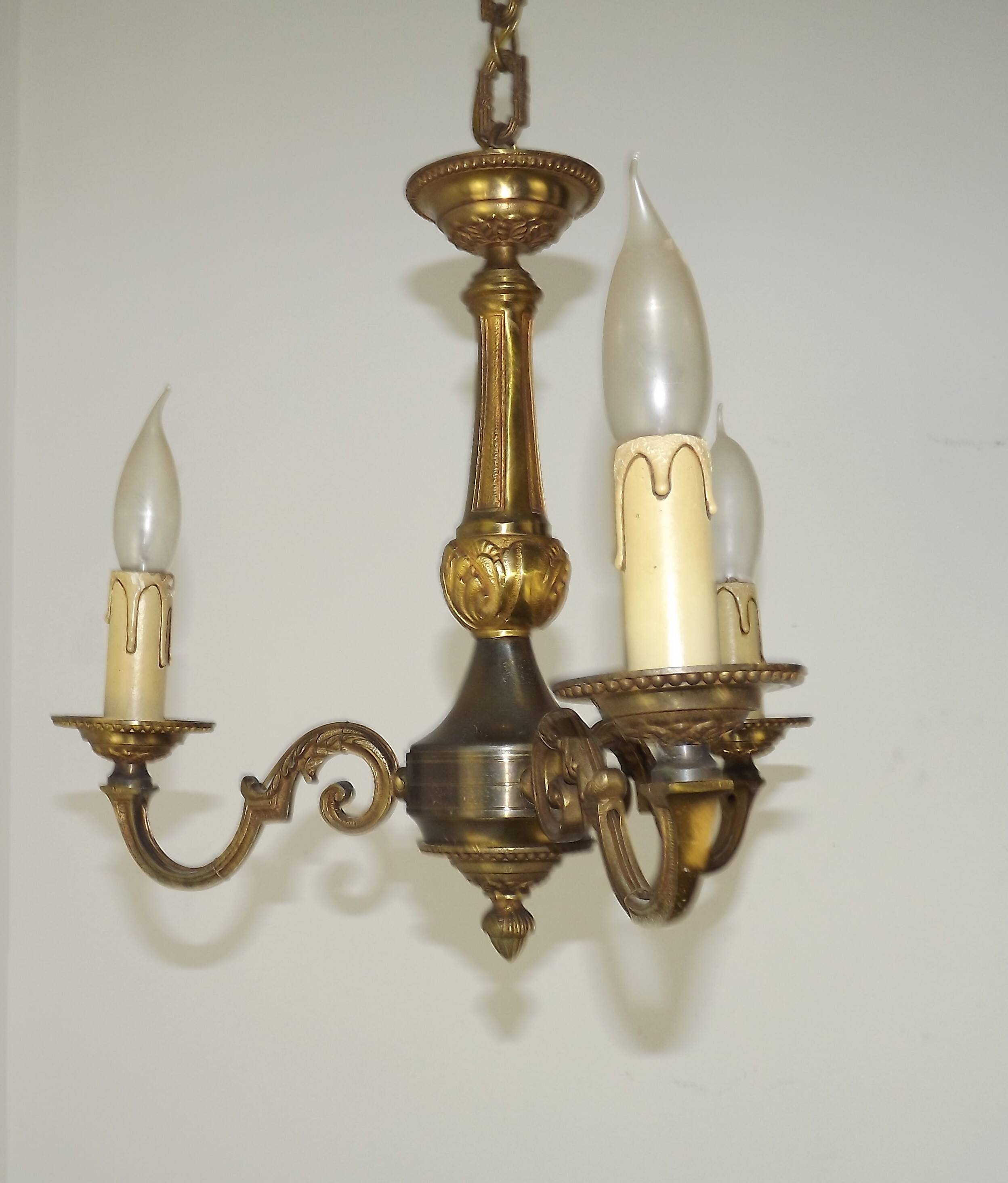 Art Nouveau bronze chandelier with 3 lights, France
