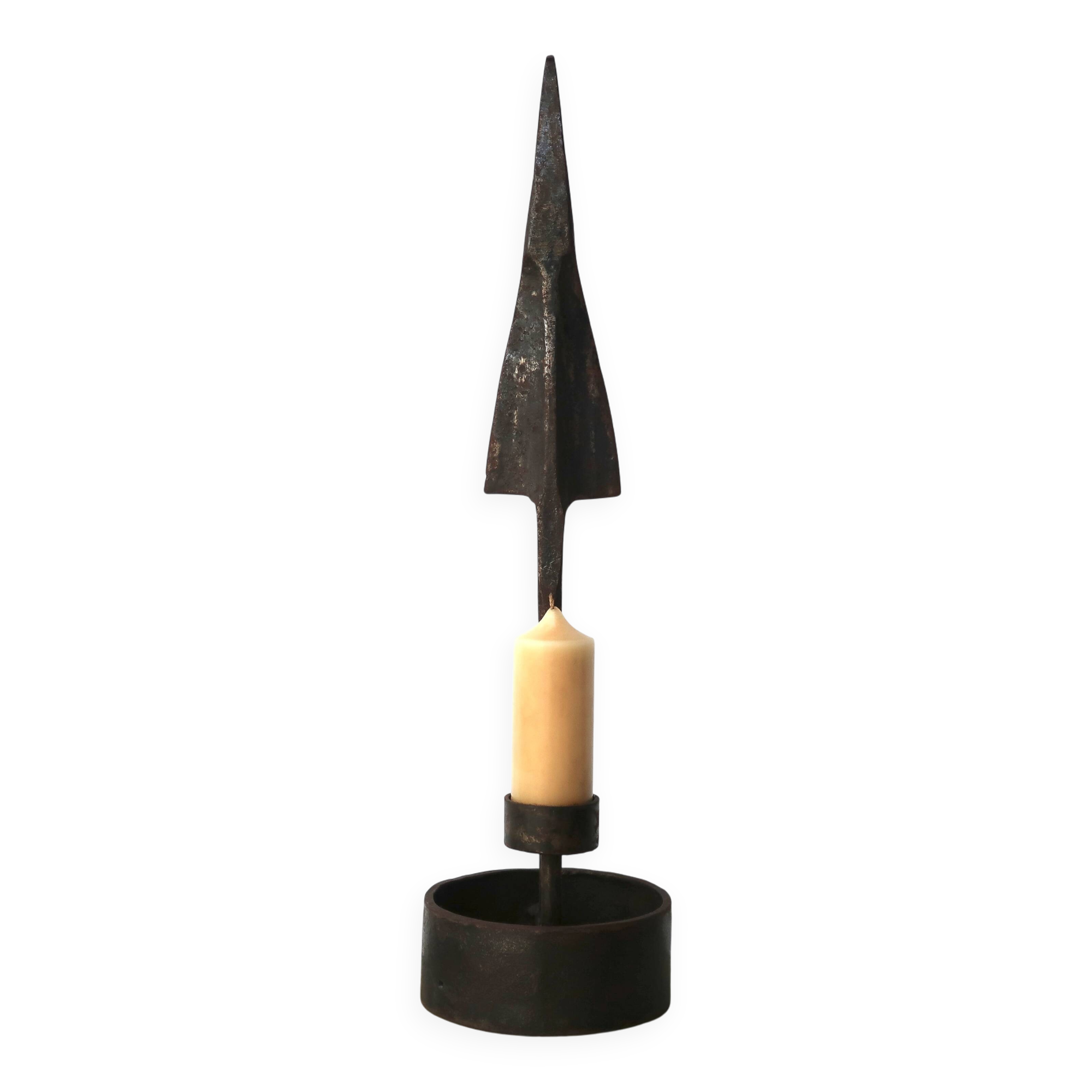 Imposing brutalist wrought iron candlestick "spear", signed, 1950s.
