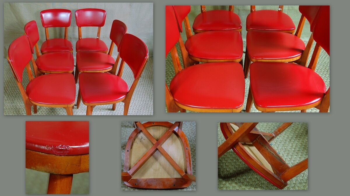6 vintage wooden and skai red bistro chairs