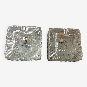 Pair of square ceiling lights in structured glass / vintage years 60-70