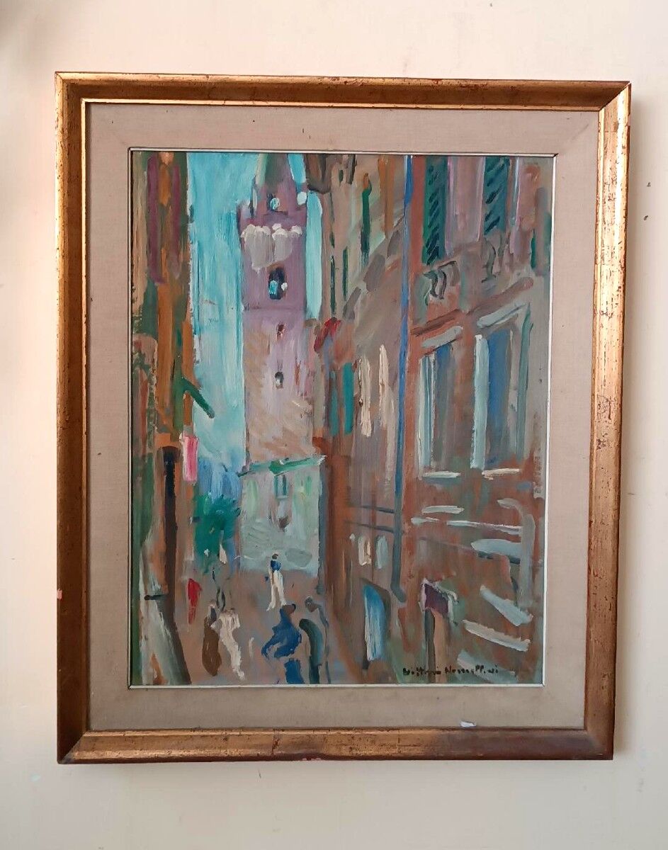 Oil painting on cardboard, Vittorio Nomellini (1901 Genoa - 1965 Florence), view of Lerici.