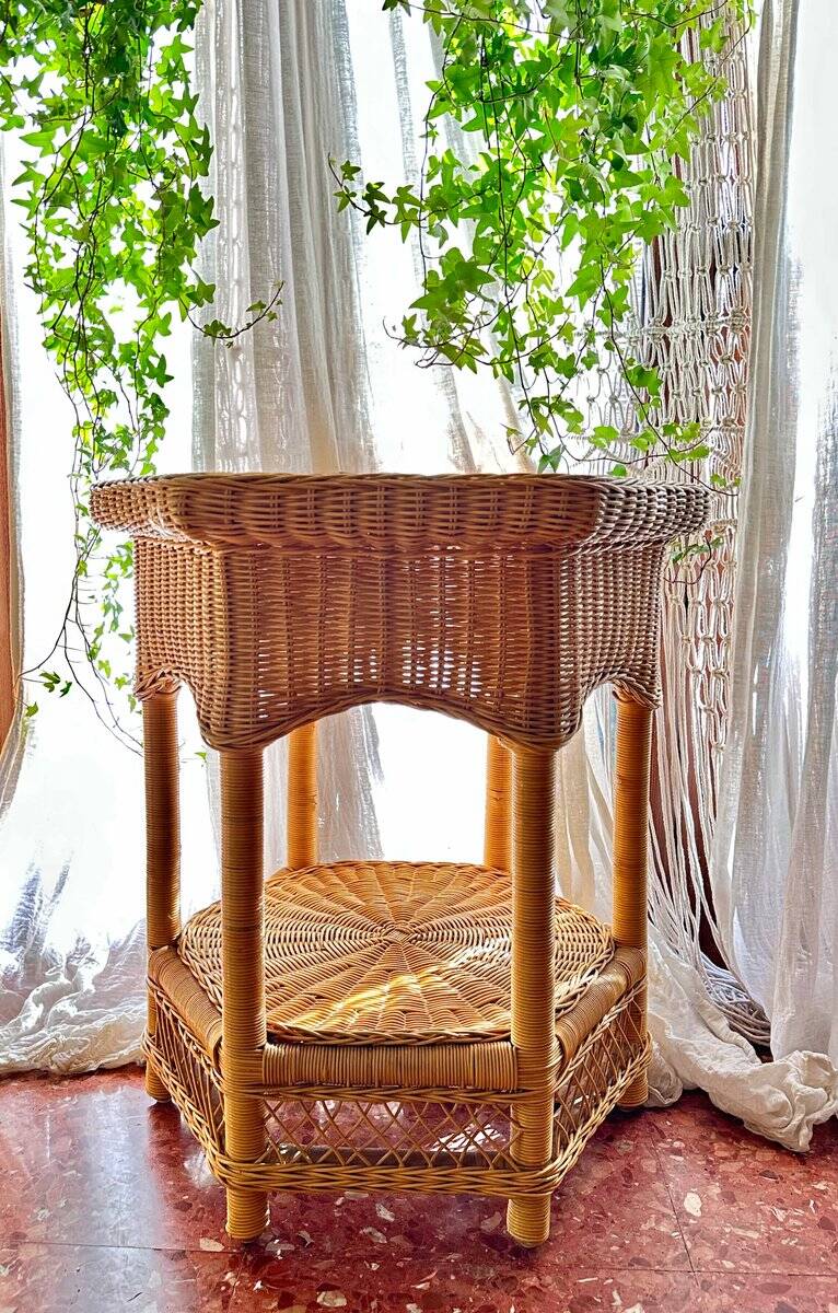 Vintage hexagonal rattan side table with original label, 1980.