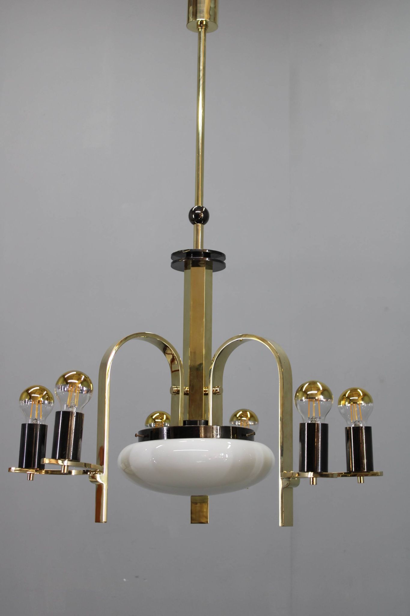 1930s Czech Art Deco brass chandelier with milk glass center and exposed bulbs