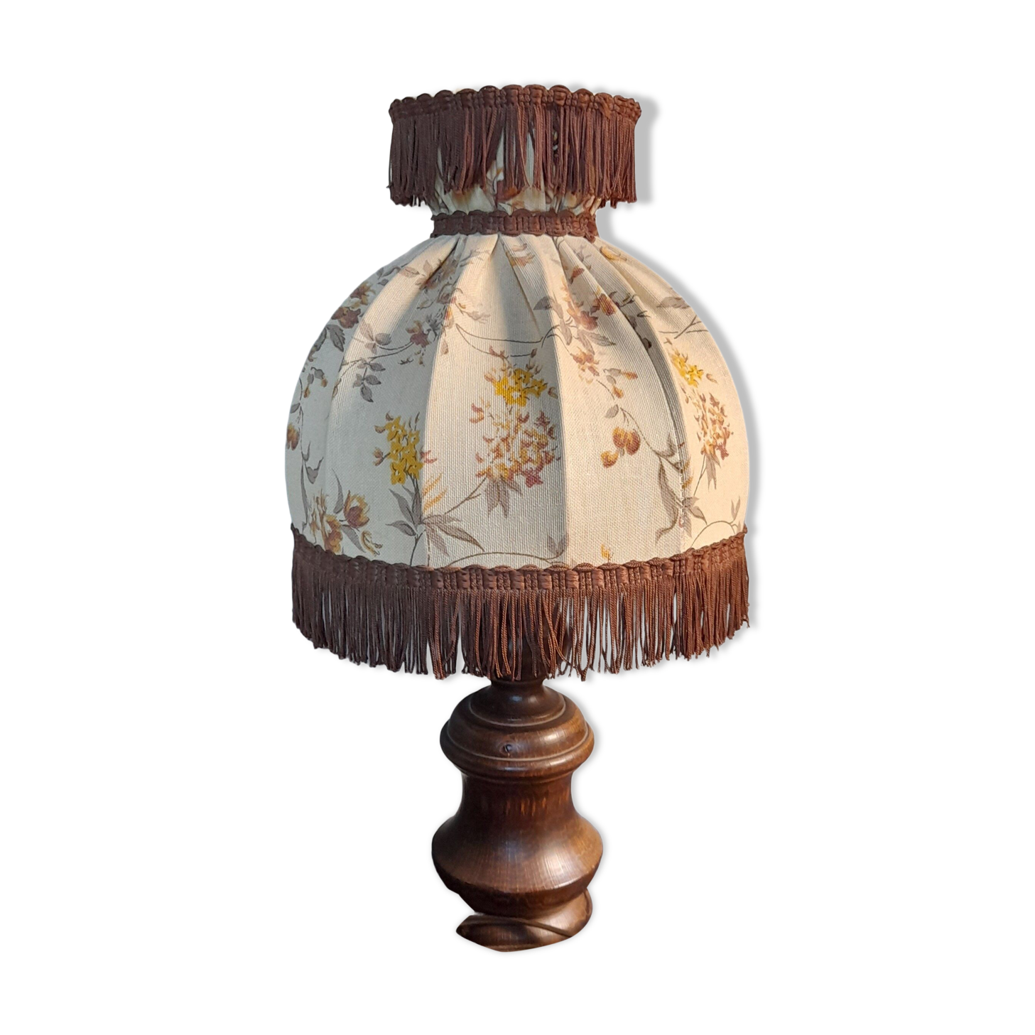 Lampe de chevet bois tourné abat jour dôme écru fleurs et marron, rustique & romantique, années 50