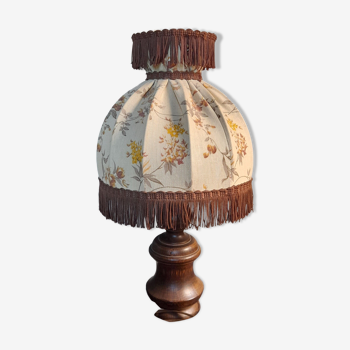 bedside lamp turned wood, lampshade dome ecru flowers and brown, rustic & romantic, 50s