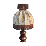 bedside lamp turned wood, lampshade dome ecru flowers and brown, rustic & romantic, 50s