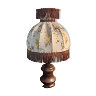 bedside lamp turned wood, lampshade dome ecru flowers and brown, rustic & romantic, 50s