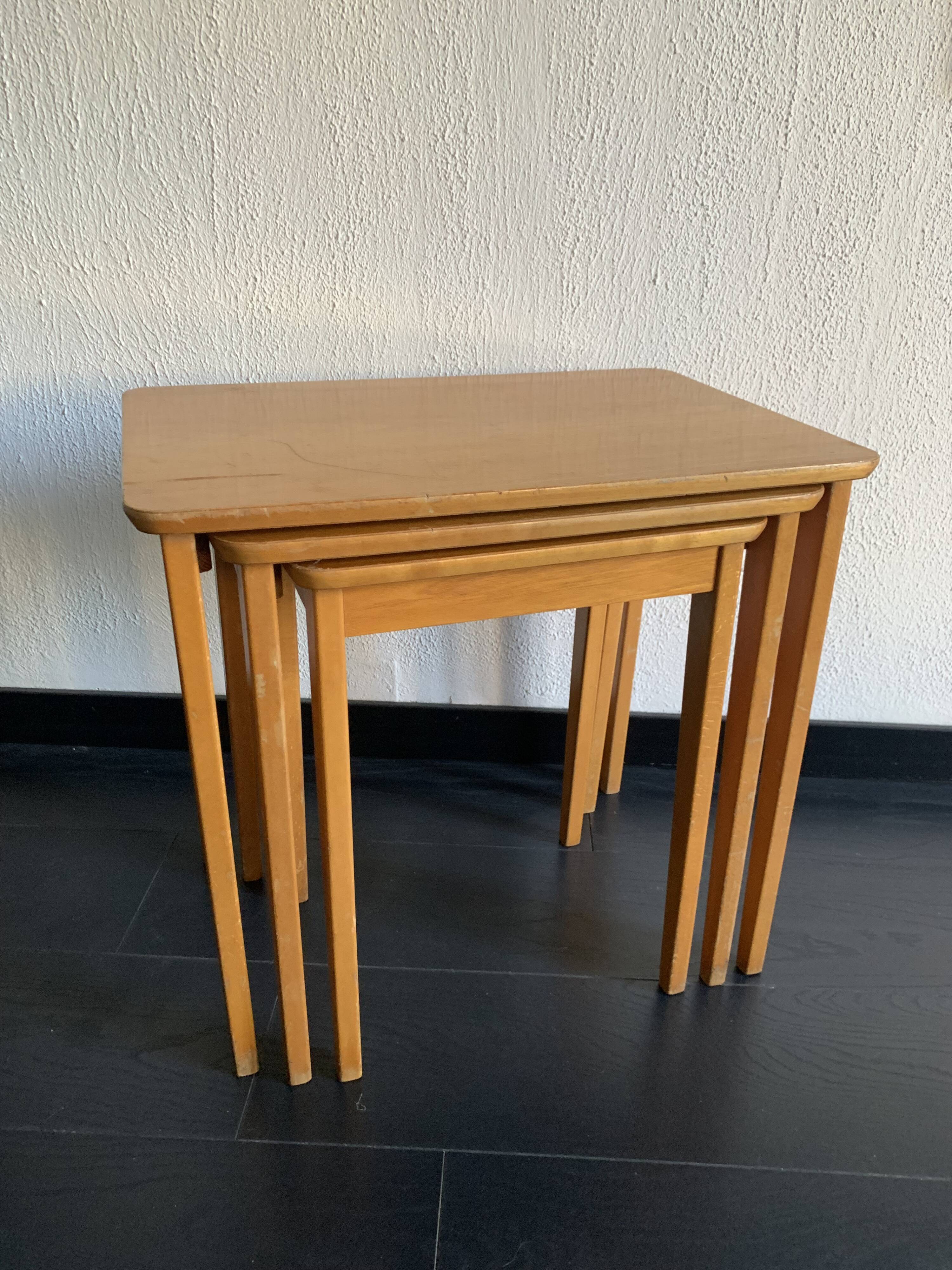 Tables gigognes vintage 1960 table basse d'appoint bois clair - 52 x 55 x 3