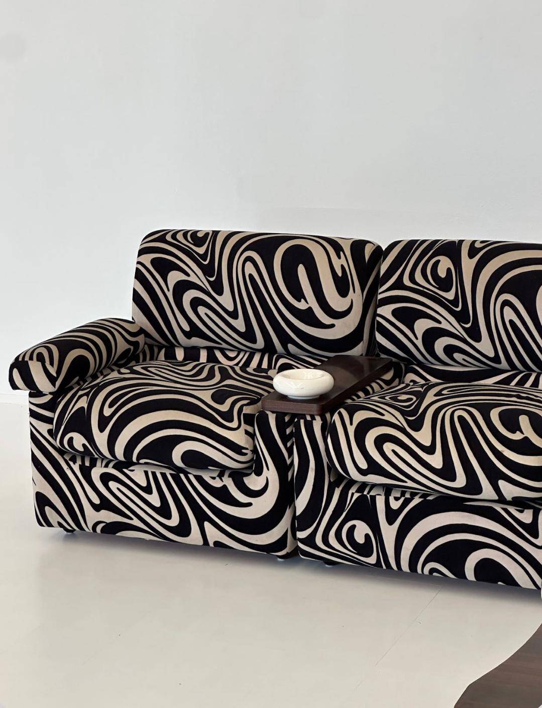 Modular 70s sofa, reupholstered, with integrated table modules, sculptural