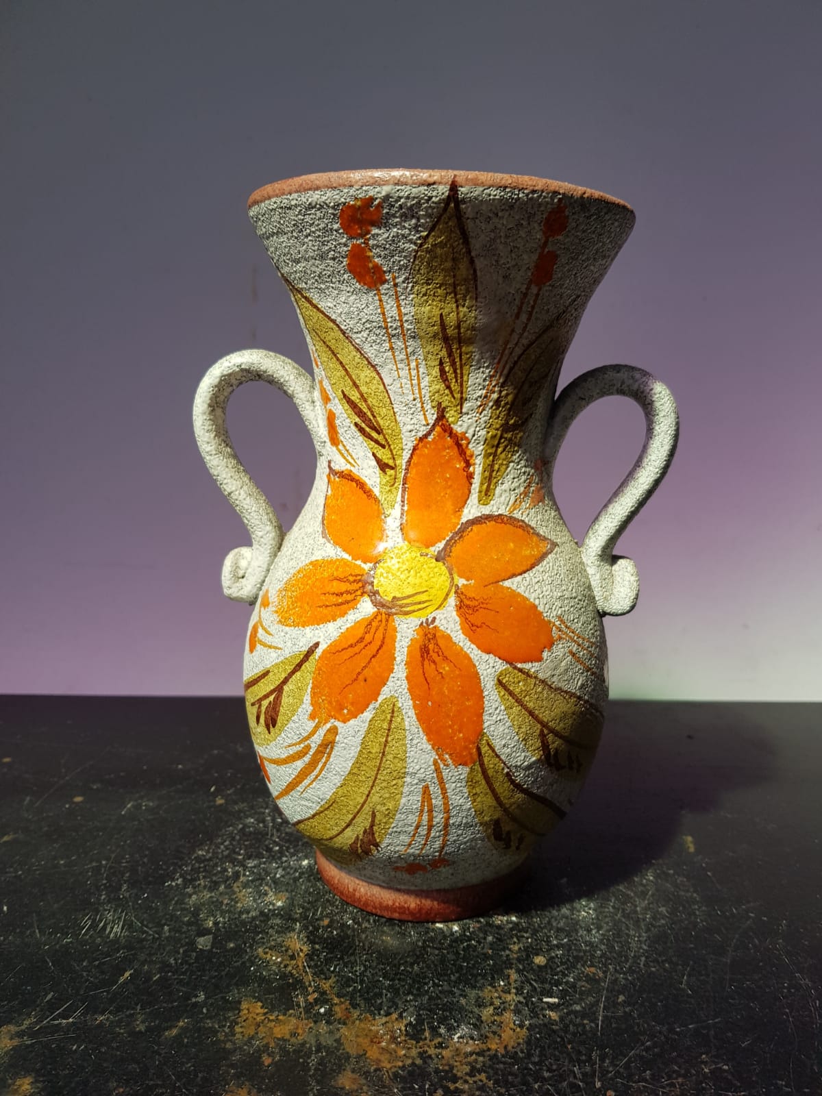 Old vase with enamelled ceramic coves décor flowers made in italy vintage