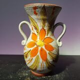 Old vase with enamelled ceramic coves décor flowers made in italy vintage