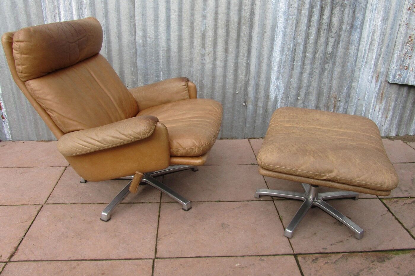 Mid-century vintage high back leather Swivel Armchair with Ottoman, 1970s