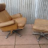 Mid-century vintage high back leather Swivel Armchair with Ottoman, 1970s
