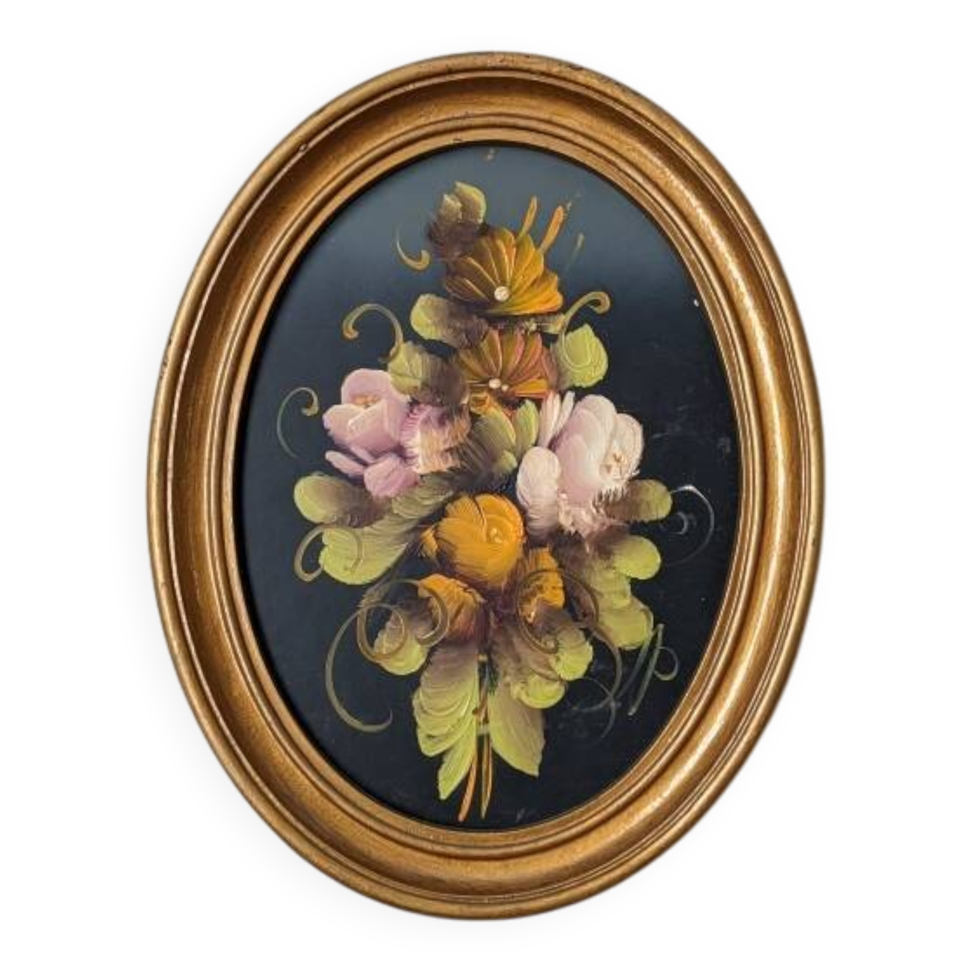 Tableau ancien cadre ovale nature morte fleurs campagne acrylique sur bois
