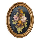 Tableau ancien cadre ovale nature morte fleurs campagne acrylique sur bois