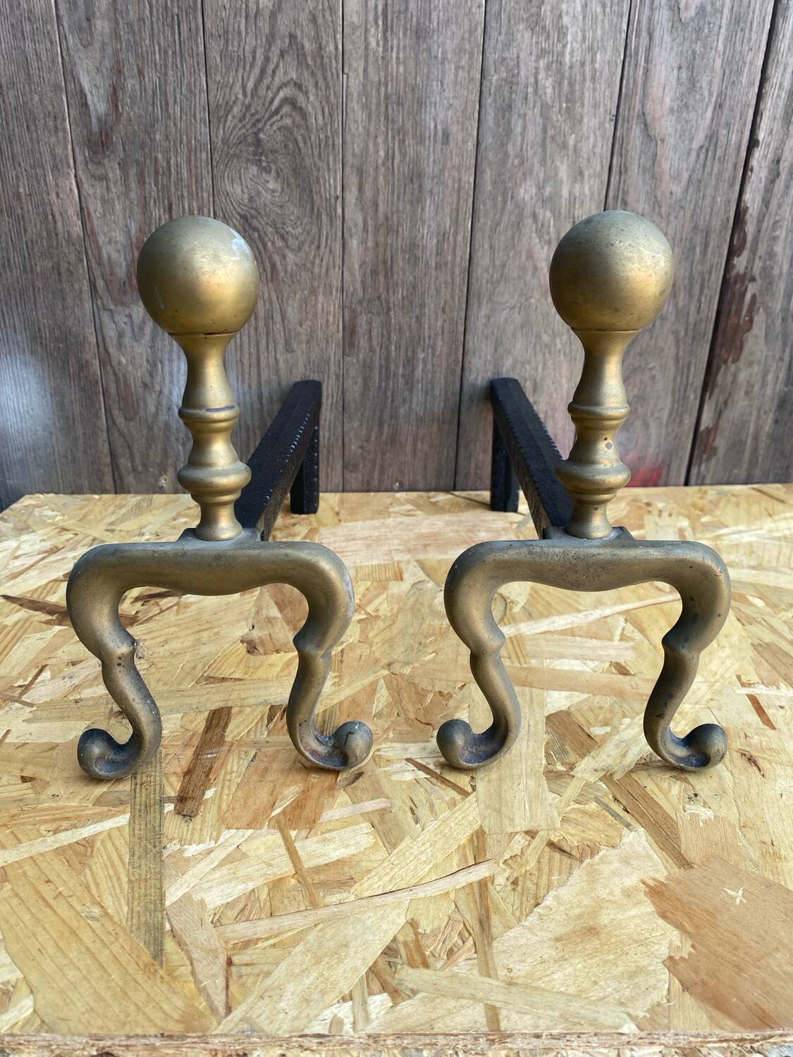 Paire de Chenets Cheminée Ancien Fonte Noire + Bronze Vintage