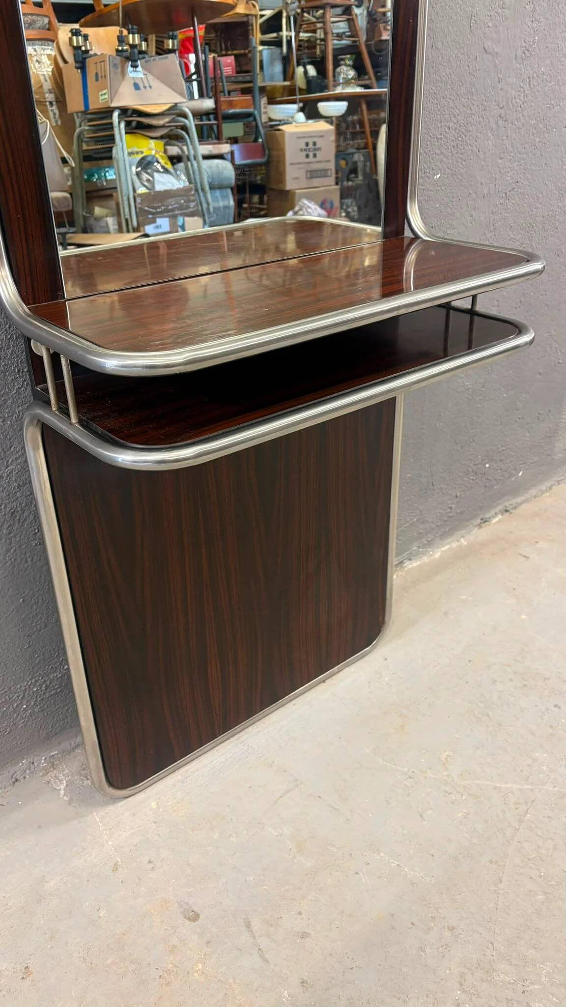 Console murale en chrome et palissandre avec miroir, années 1970, italienne.