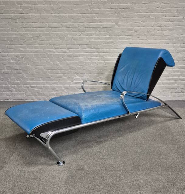 Blue leather lounge chair futuro 3 by massimo iosa ghini for moroso - italy 1980's