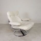 Leolux armchair, swivel chair with white leather upholstery, 1960s