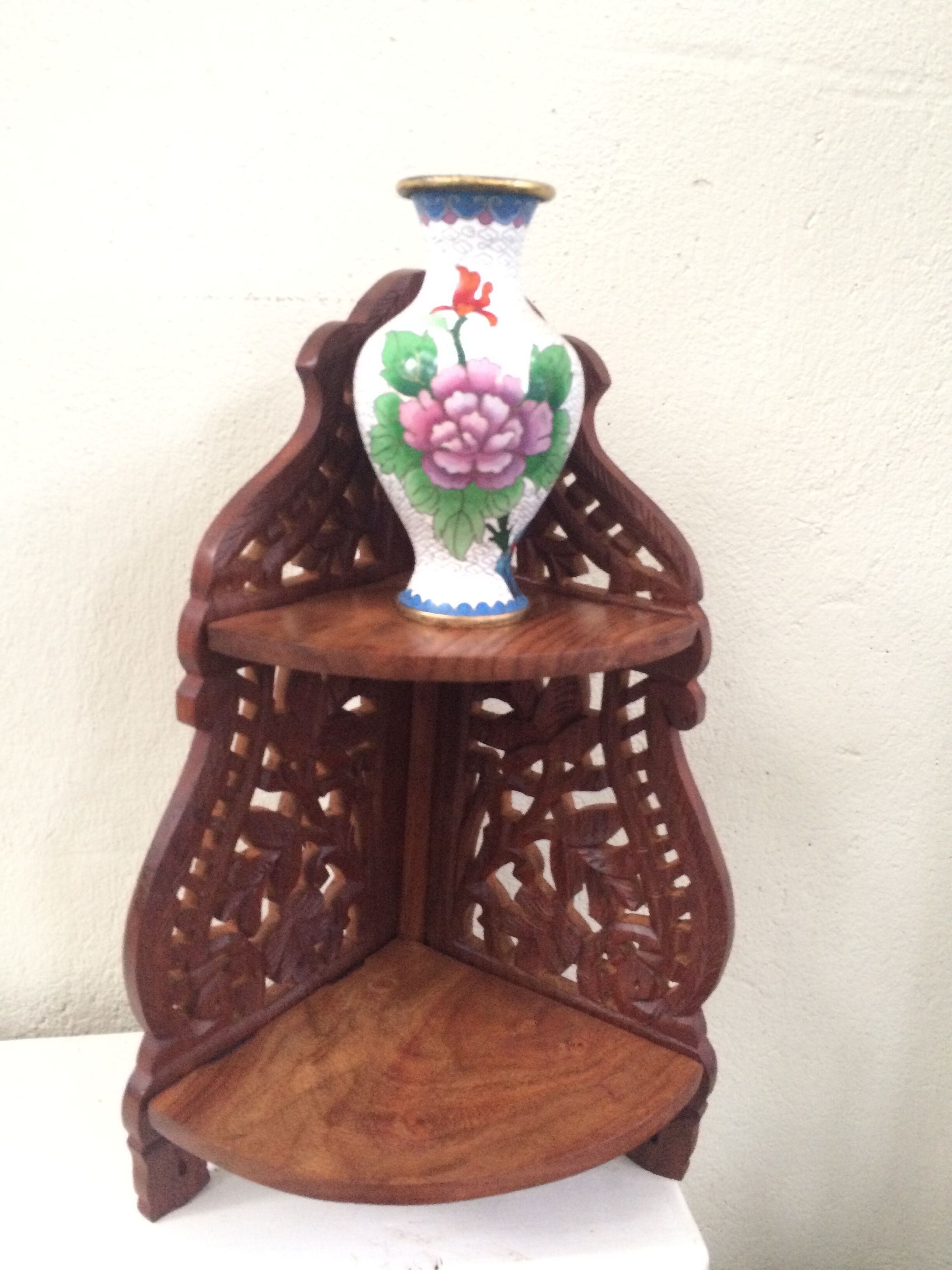 Folding corner shelf wooden crafted with sculpted flowers