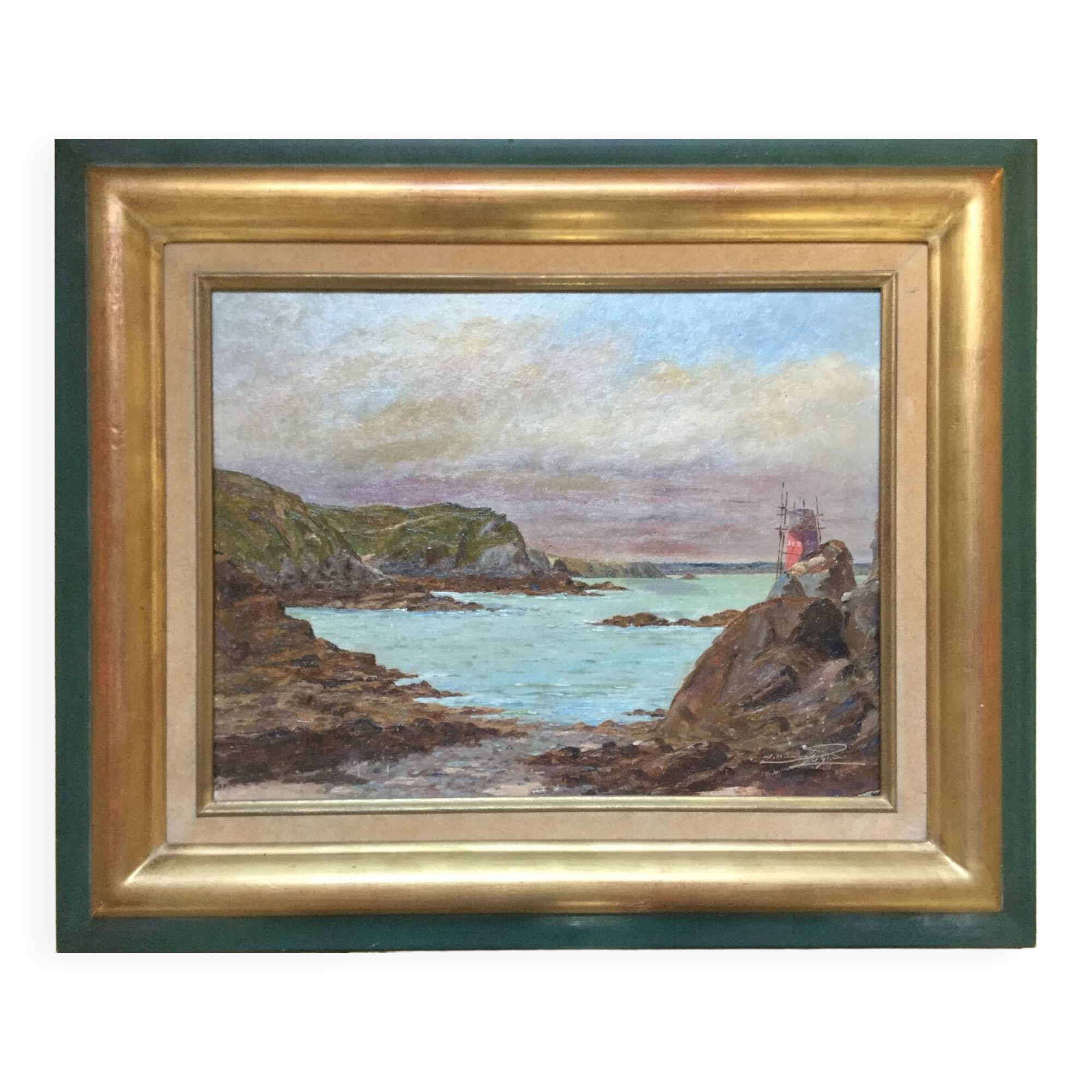 Huile sur carton "Bord de mer", École anglaise fin 19ème s.
