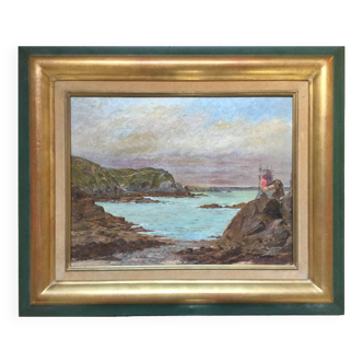 Oil on cardboard. English school, late 19th century. Seaside.