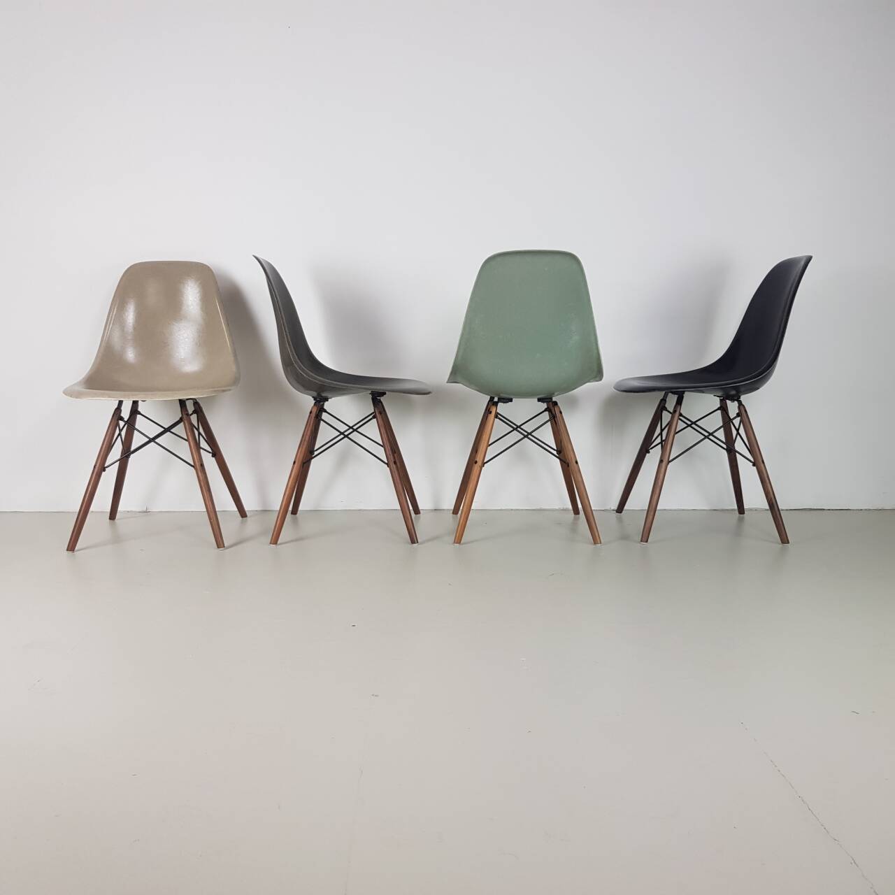 Eames Herman Miller DSW side chairs in light greige / elephant grey / seafoam green / black