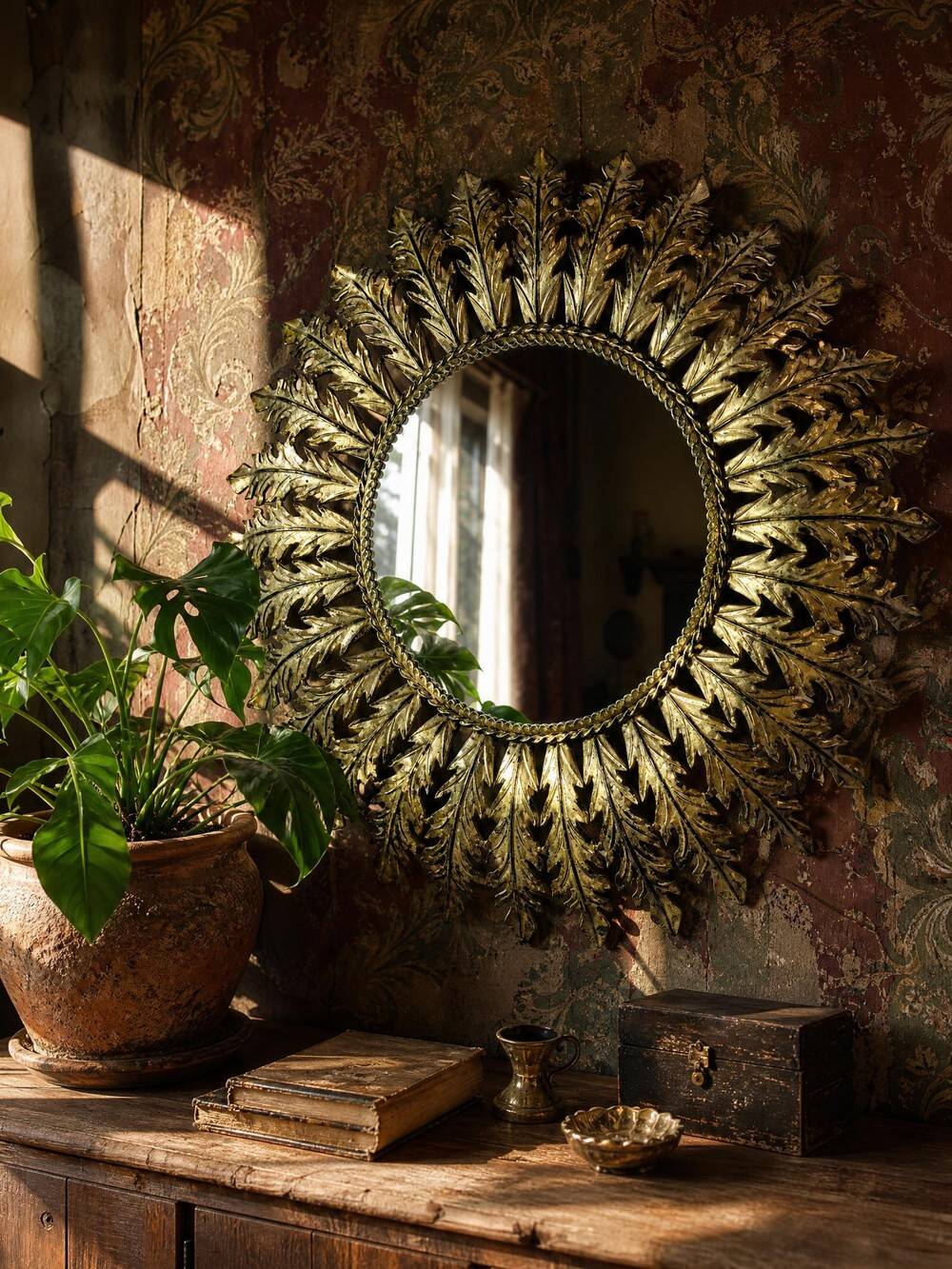 Large Italian sunburst wall mirror in gilded metal, 1960s-70s.