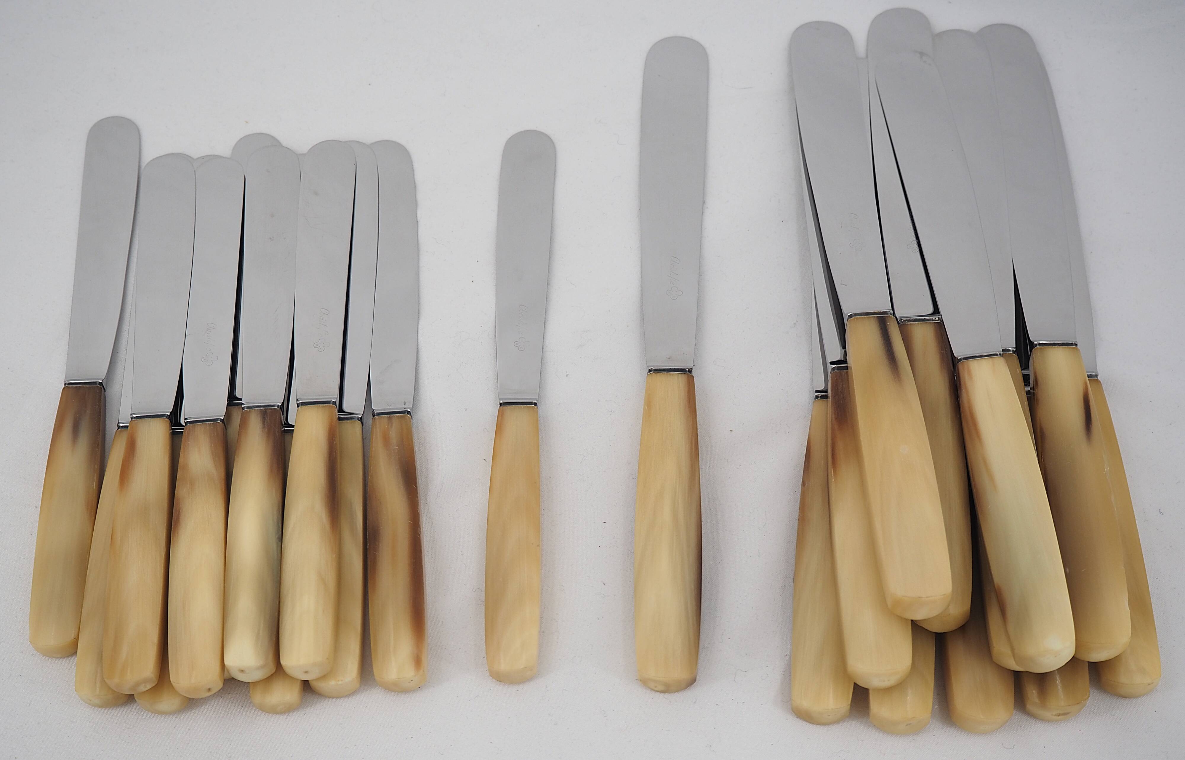 Christofle Art Deco, 24 horn knives, 12 dinner + 12 side, dessert.