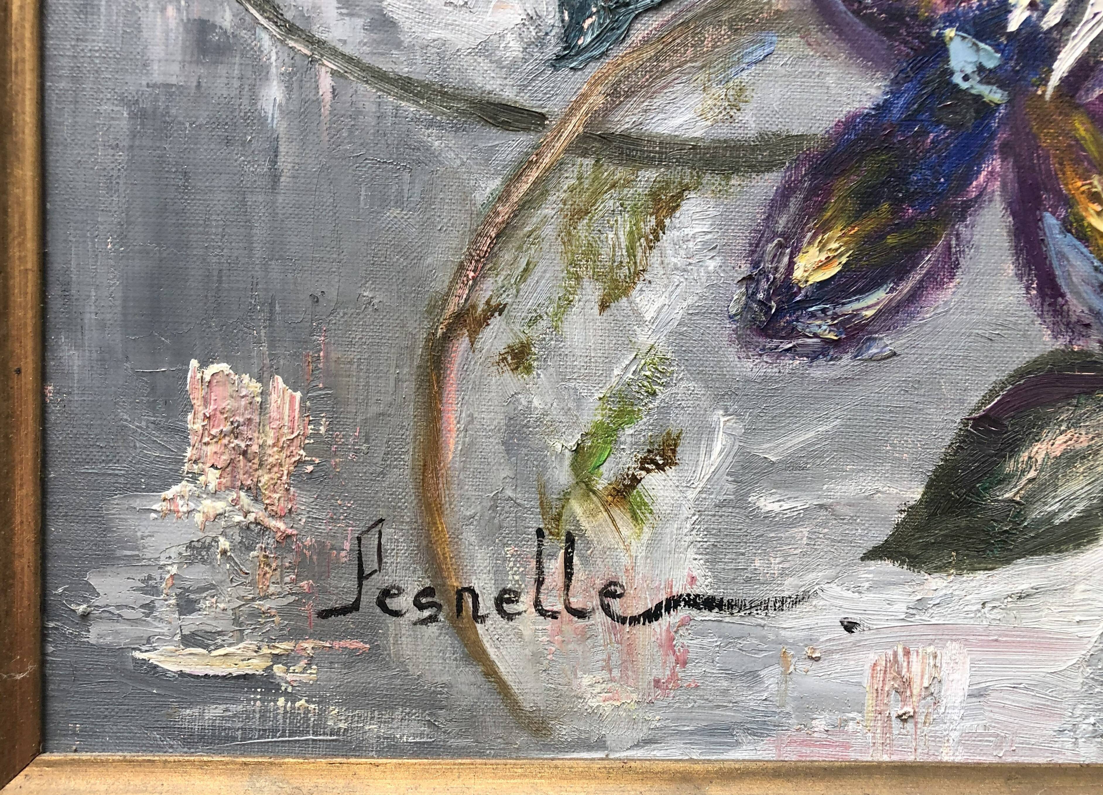 Old painting bouquet of pink flowers, iris, lupine, dahlia