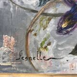 Old painting bouquet of pink flowers, iris, lupine, dahlia