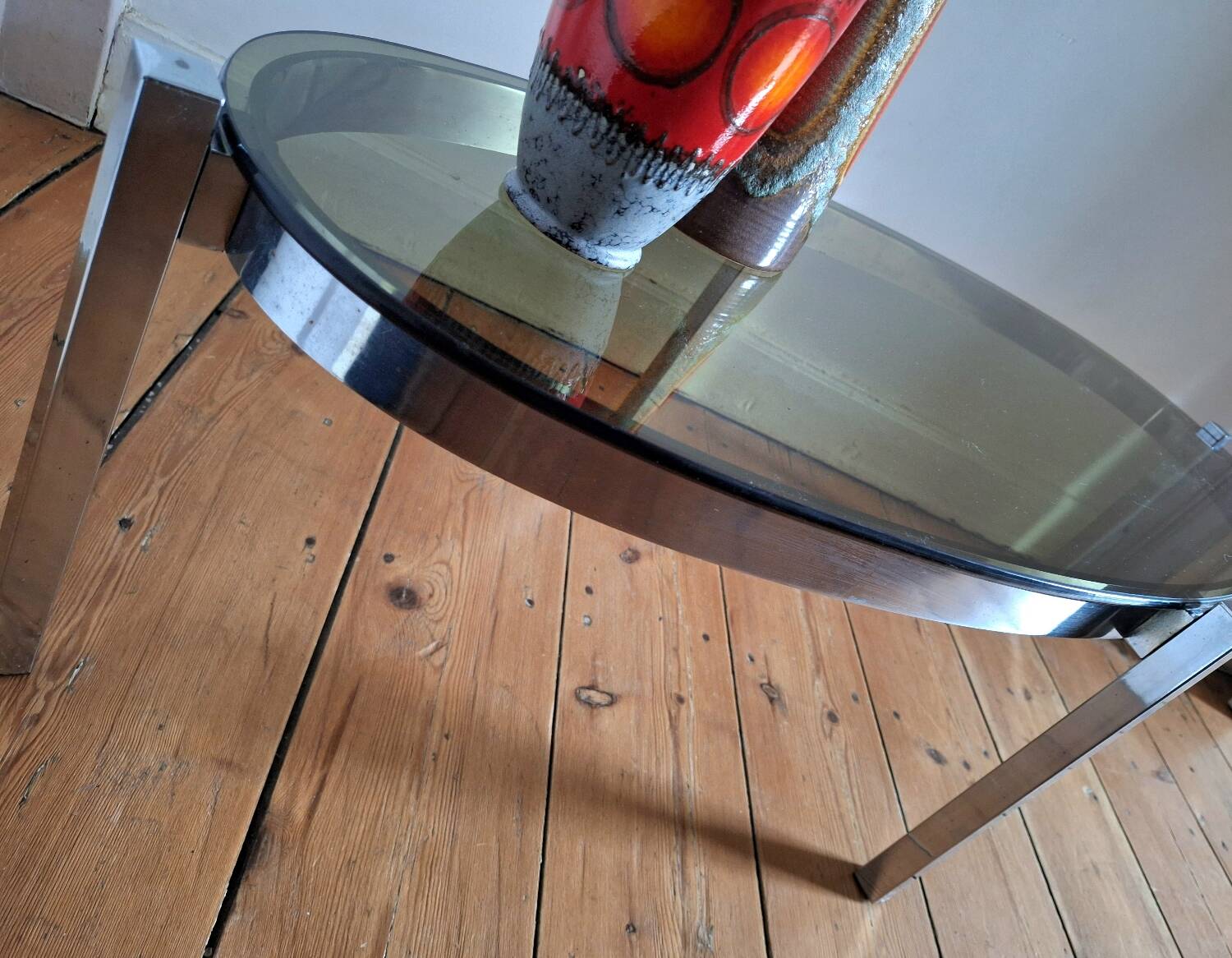 Vintage oval chrome and smoked glass coffee table, antique furniture