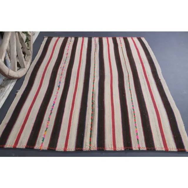Vintage Turkish Hand-Knotted Wool Cotton Beige Kilim Area Rug 158x217