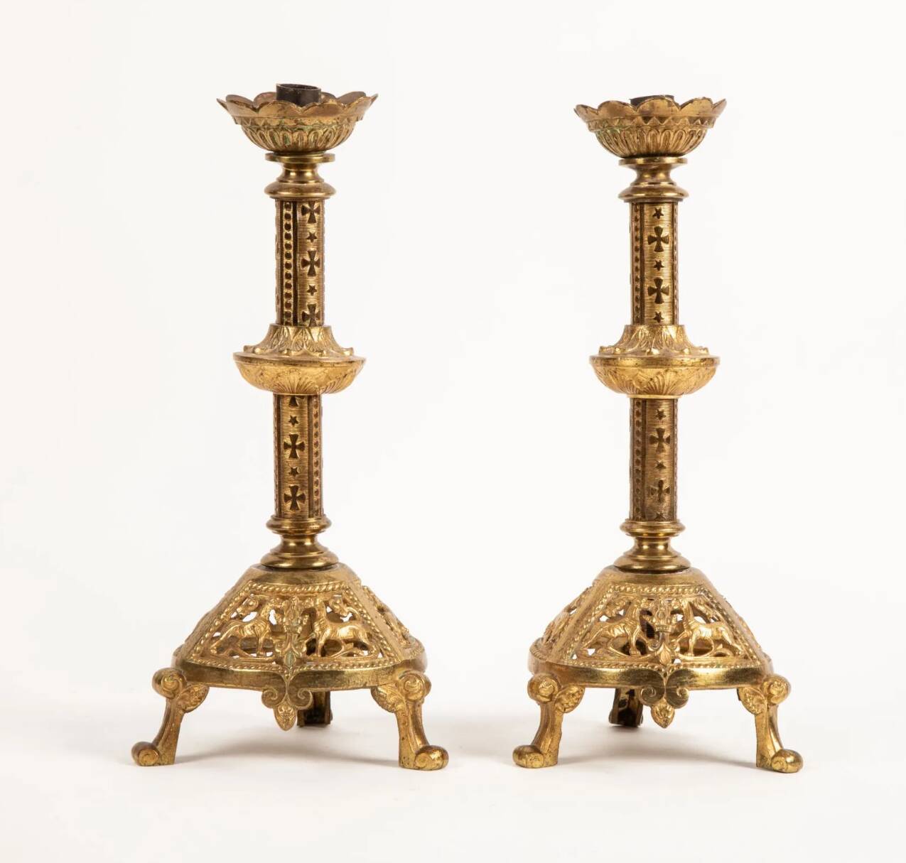 Pair of neo-Byzantine style gilt metal candlesticks. Late 19th century.