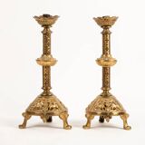 Pair of neo-Byzantine style gilt metal candlesticks. Late 19th century.