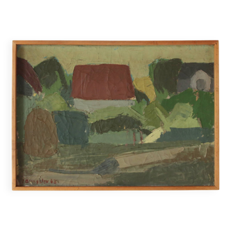 Abstract landscape oil painting in wooden frame by Johannes Blangslev from