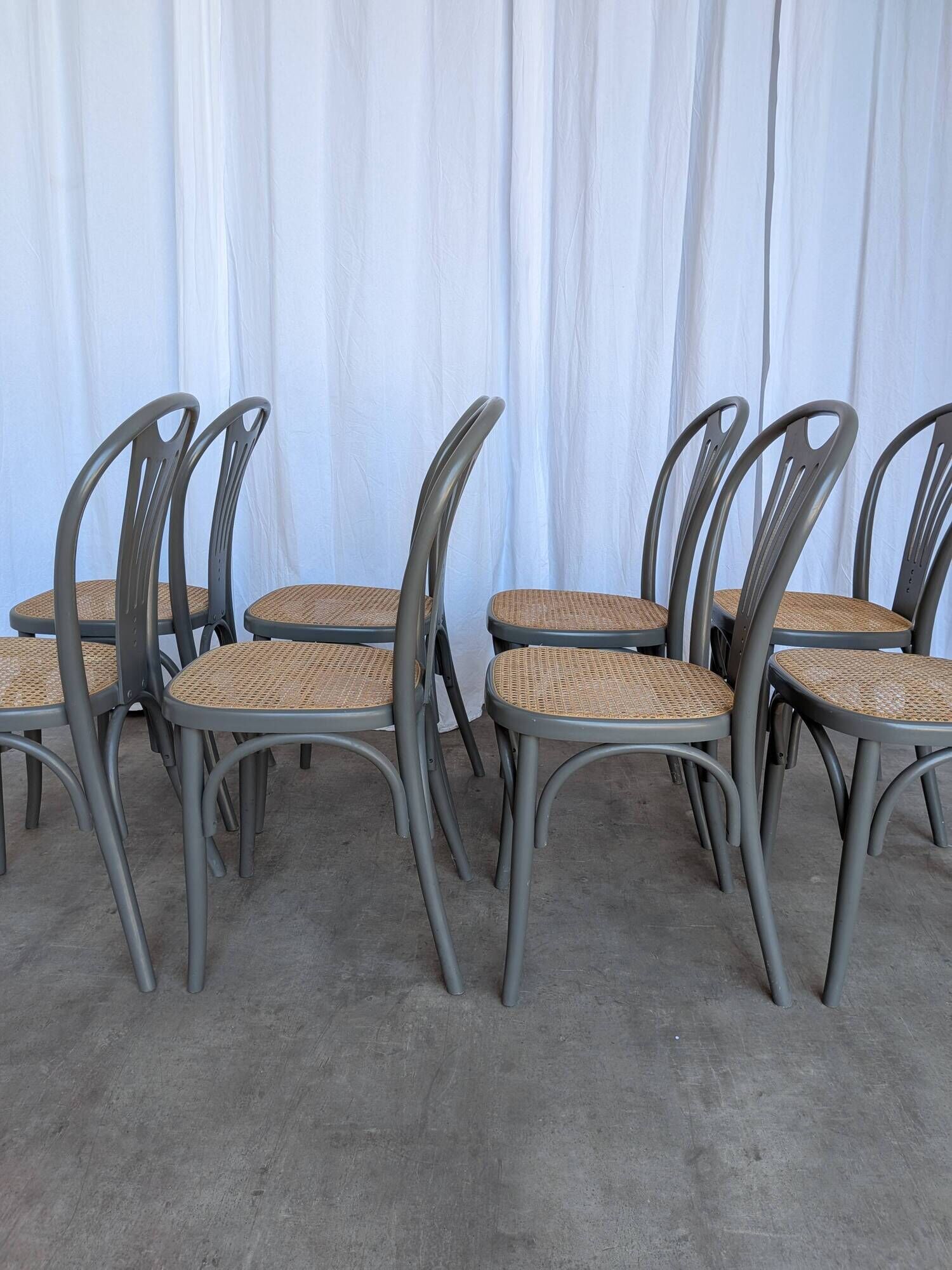 Set of 8 Vintage Gray Bentwood Dining Chair: Thonet Style Cane Seat