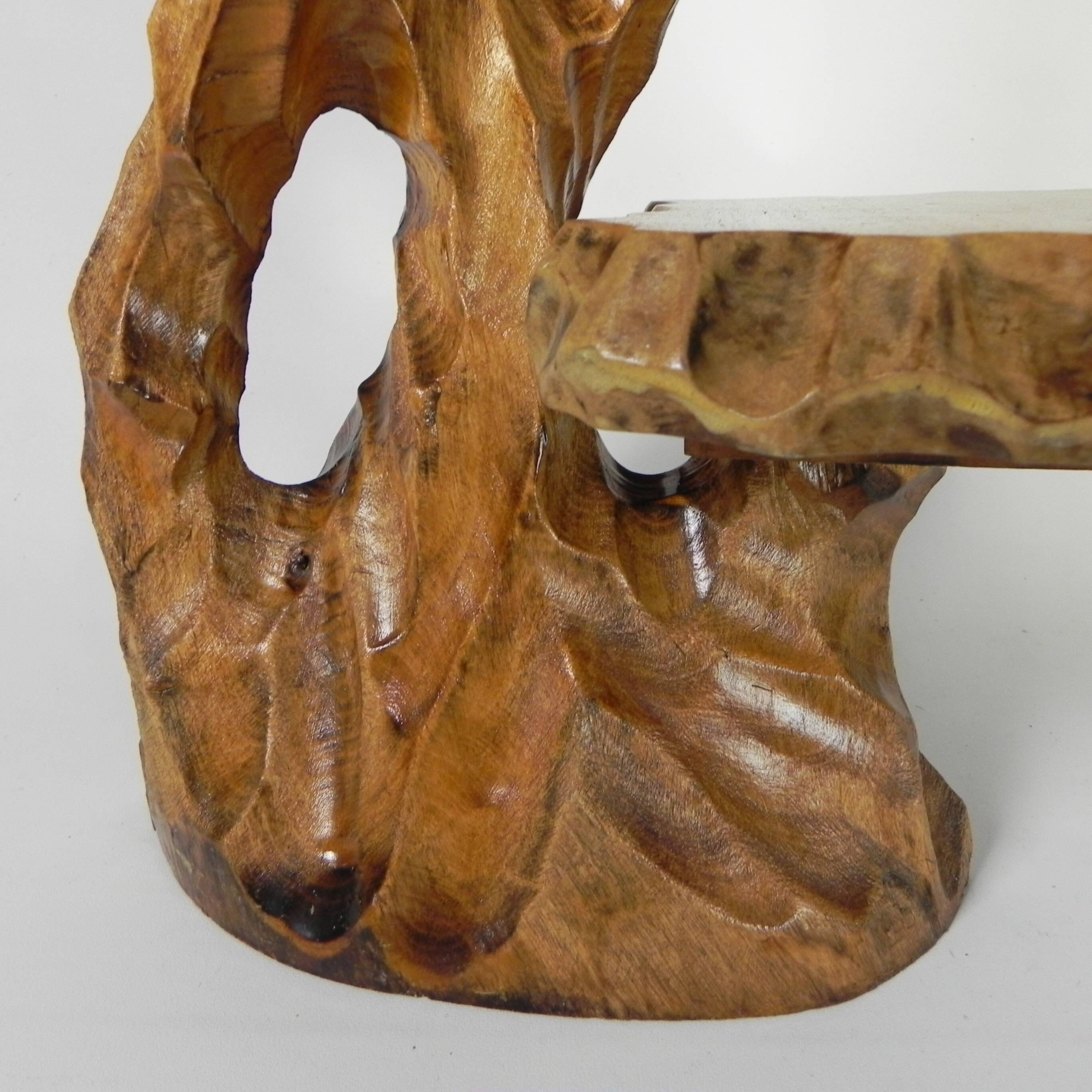 Plant table with 2 shelves, vintage wooden sculpture, USA 1950s