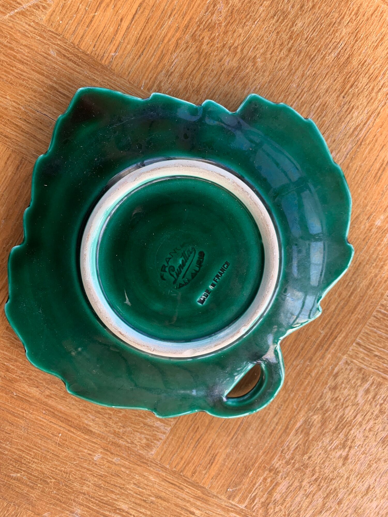 Set of 4 dishes empty pocket enamelled ceramic green lunetta vallauris leaf shape vallauris