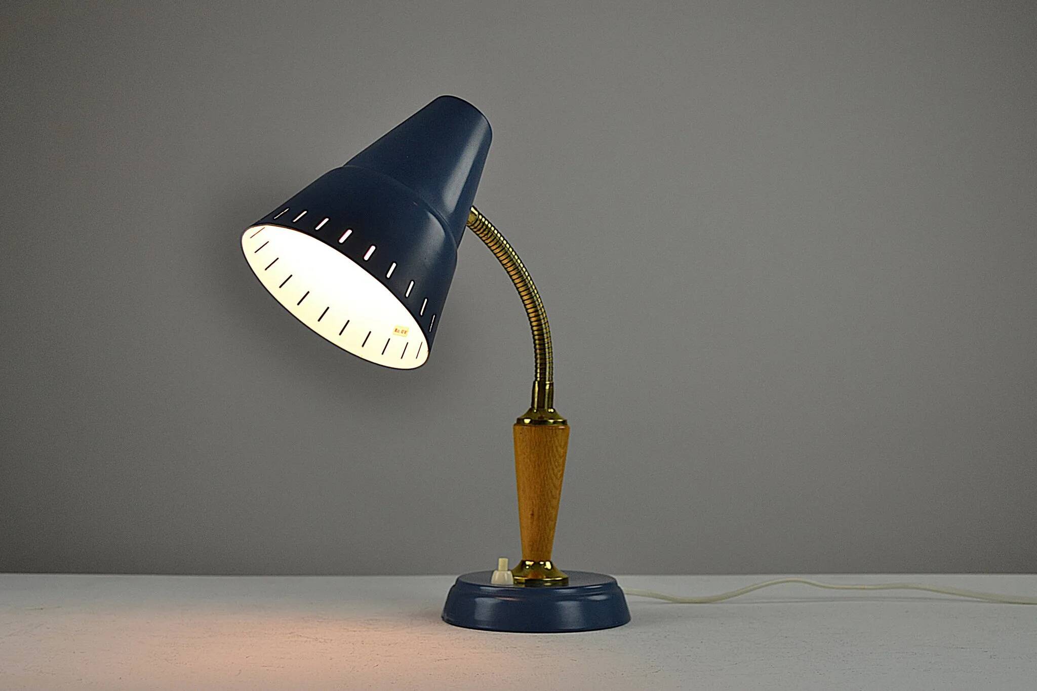 Blue Metal, Brass & Teak Table or Desk Lamp by Ringus, Sweden, 1950s
