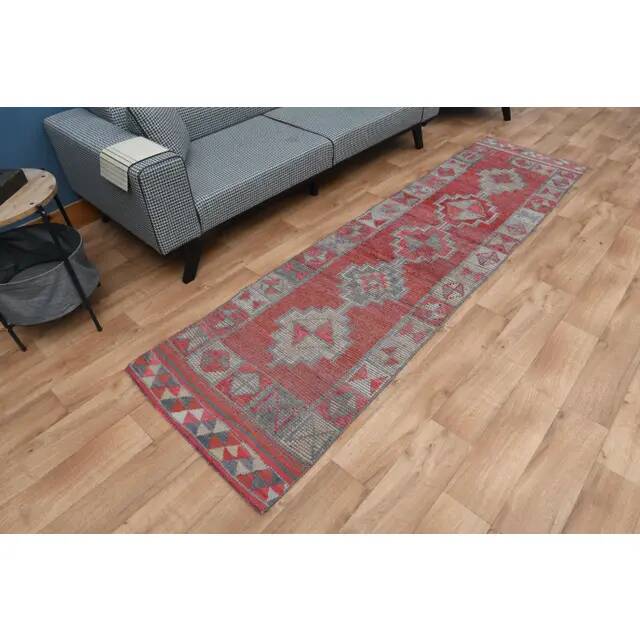 1970s Vintage Turkish Oushak Handmade Wool Cotton Pink Runner Rug 82x304