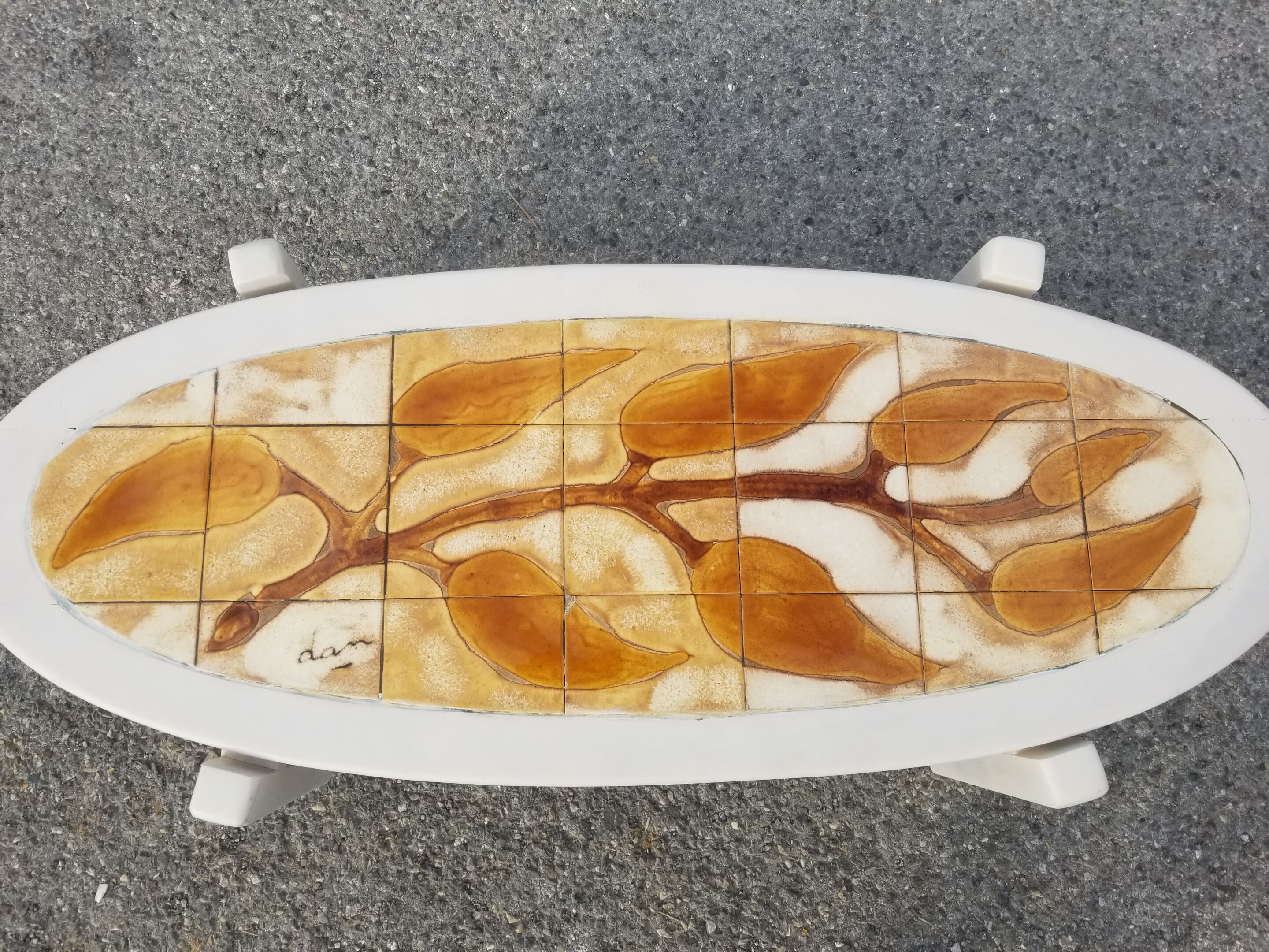 Vintage oval wooden and ceramic coffee table signed Dan - Vallauris