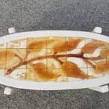 Vintage oval wooden and ceramic coffee table signed Dan - Vallauris