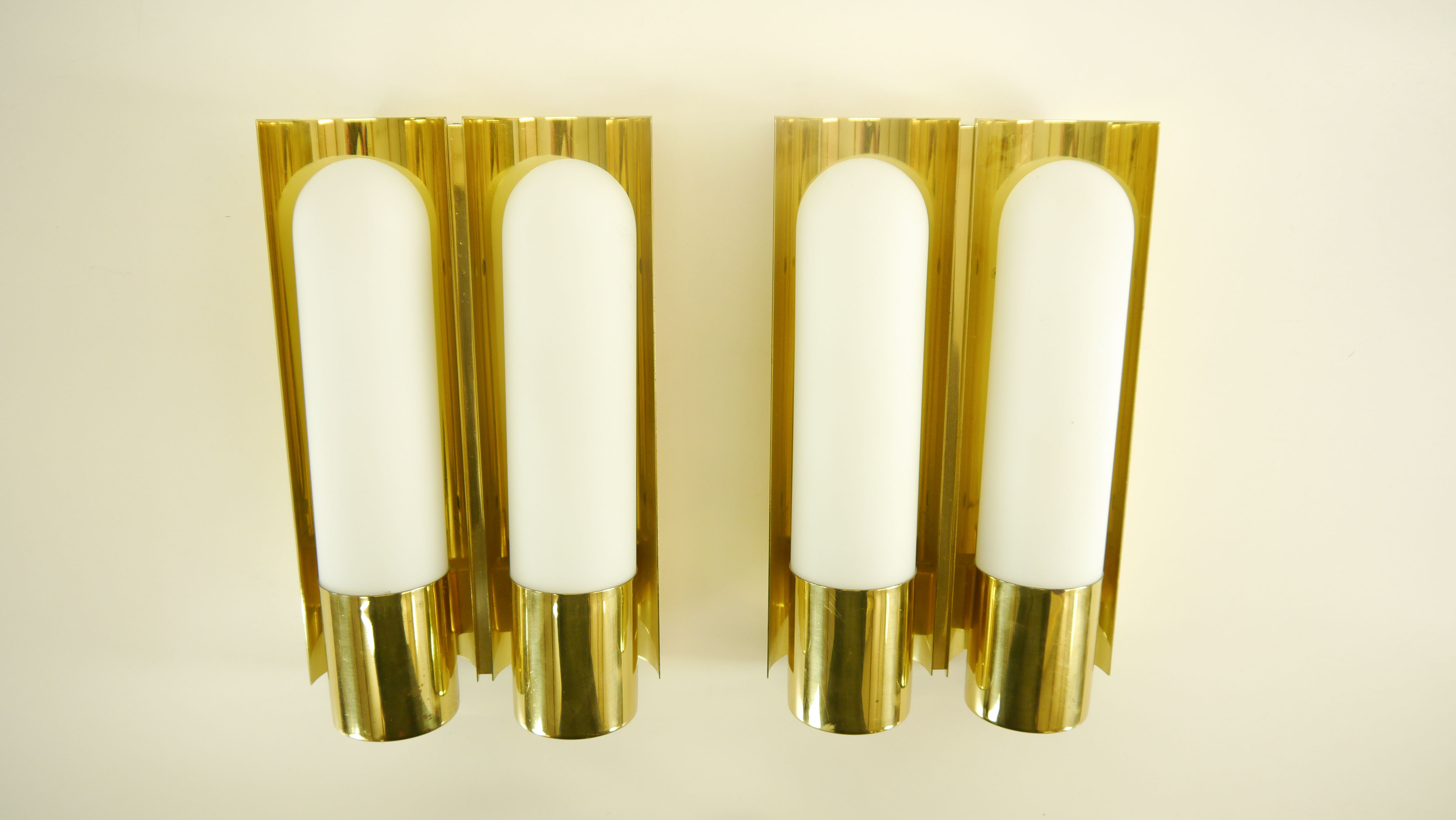 Wall lights brass & glass opal of limburg 1970 s