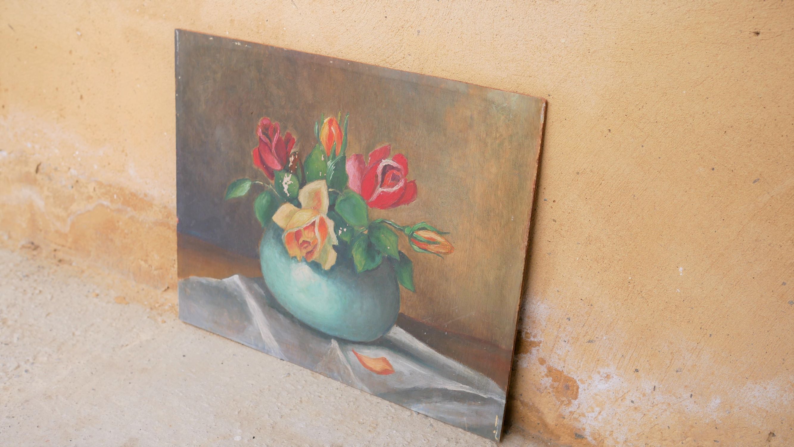 Painting, vintage wood painting Flowers