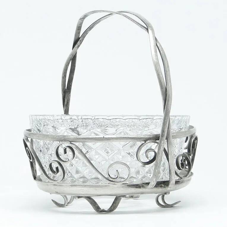 Sugar bowl, postmodernism, silver-plated brass, glass, HEFRA, Poland, 1970s