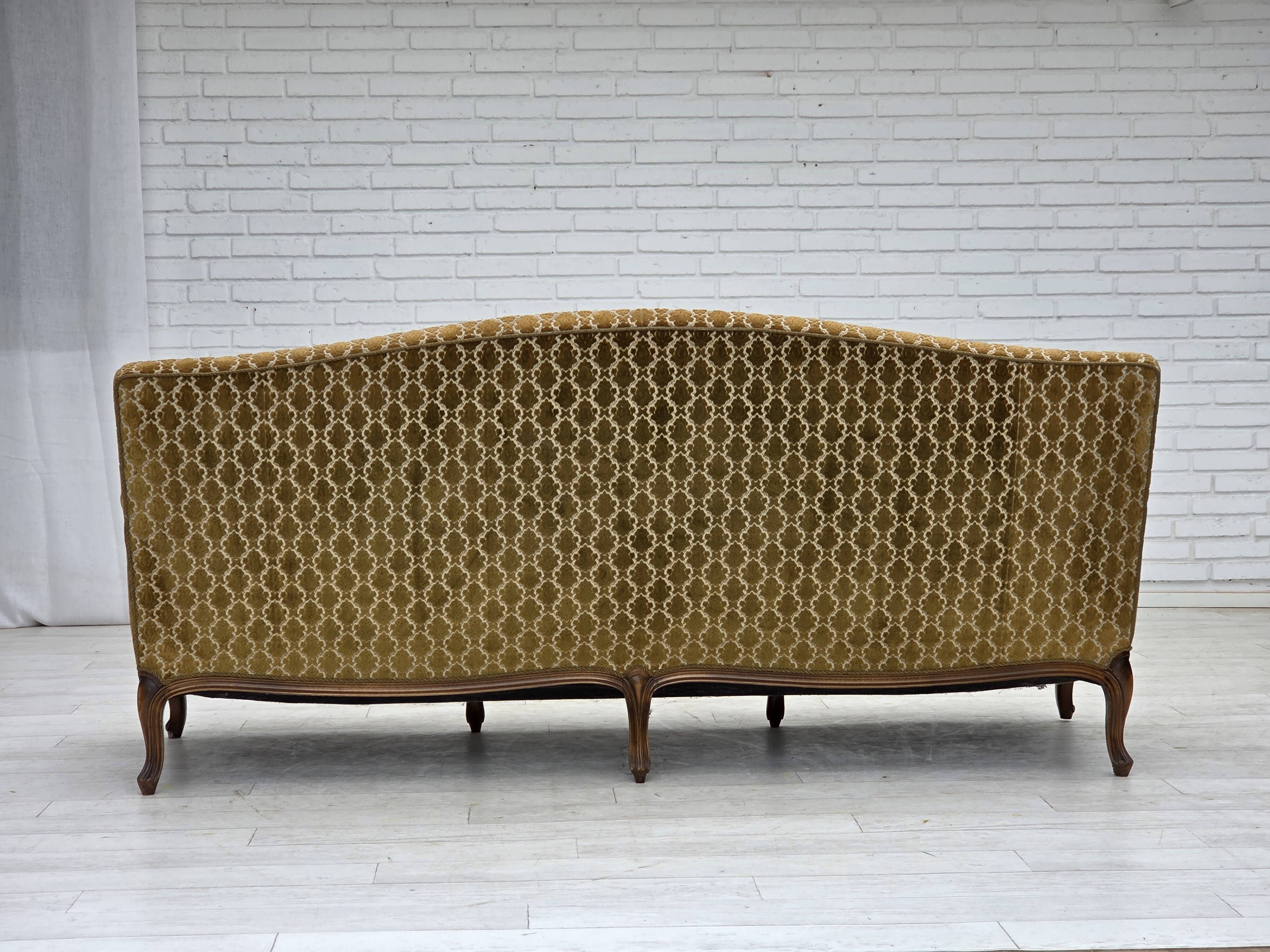 1950s, Danish 3-seater sofa, furniture velour, carved ash wood.
