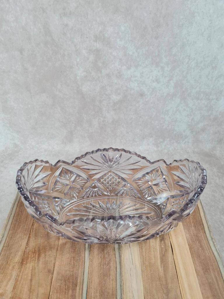 Large vintage oval cut amethyst glass bowl